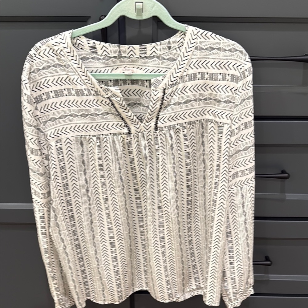 LOFT White and Black Long Sleeve Mandarin Collar Blouse